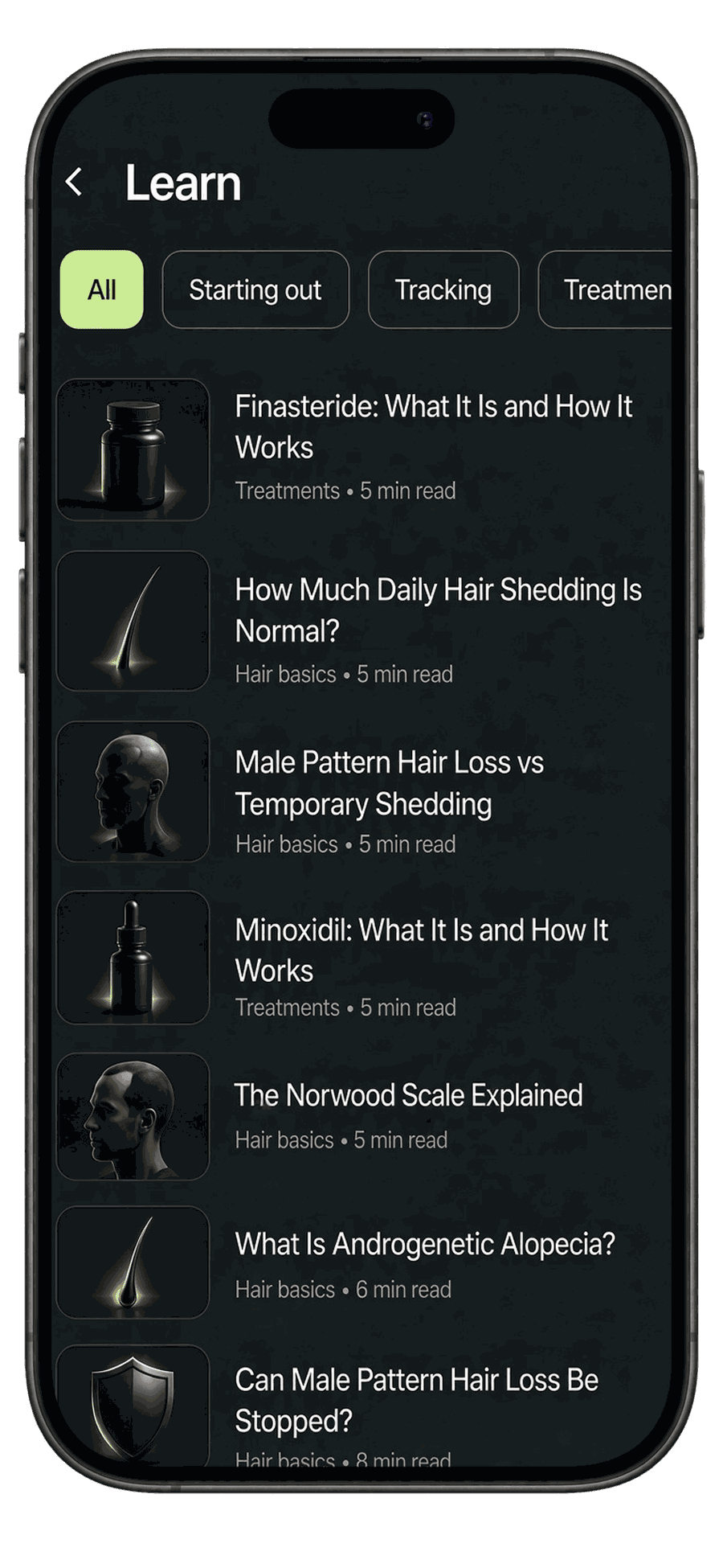 Learn screen of the ReHair app with a list of guides