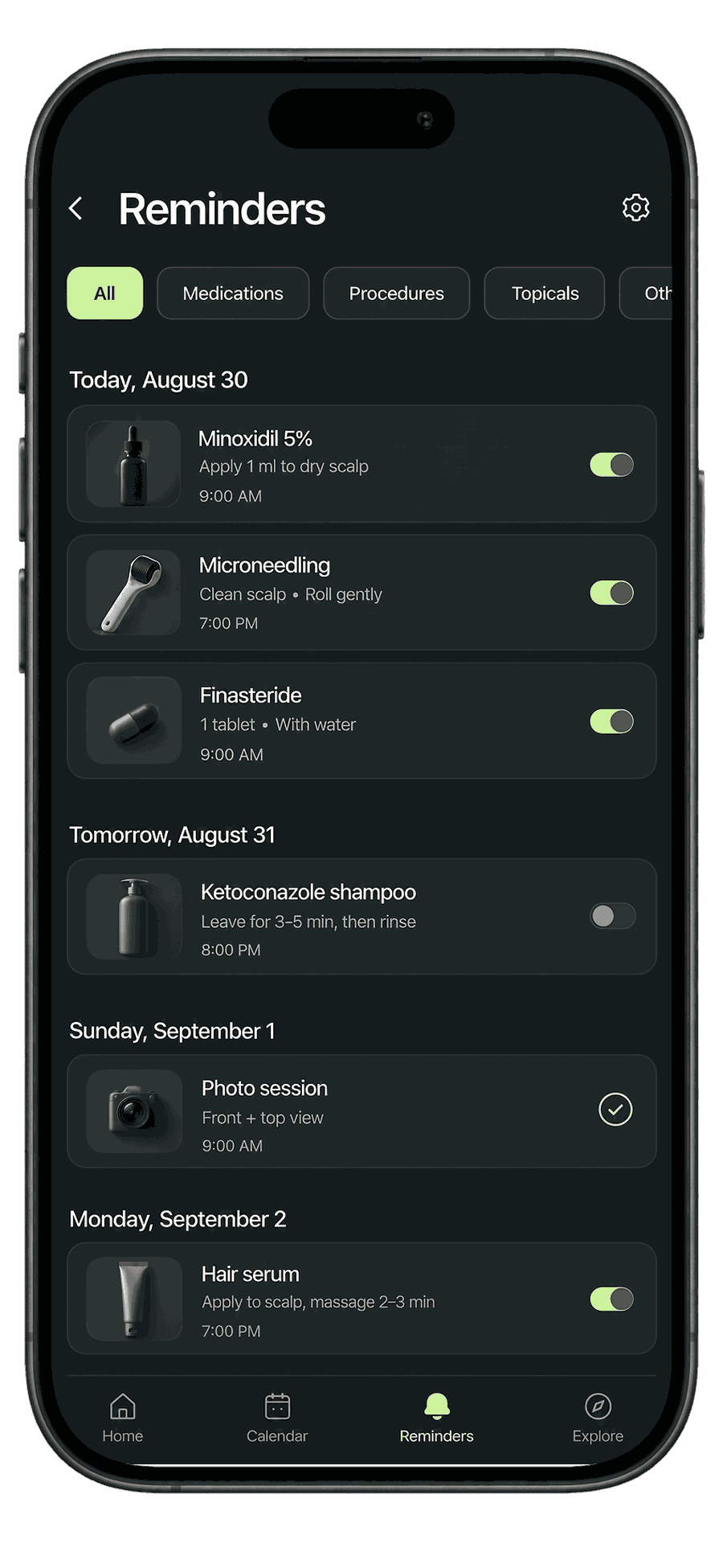 Reminders screen of the ReHair app with a daily routine
